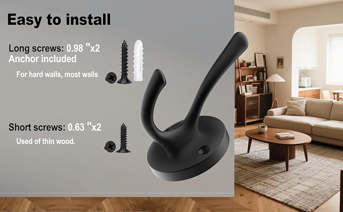 TOFIIGREM Matte Black Wall Hooks, 4 Pack Heavy Duty Coat Towel Hook Metal Double Backpack Hook Wall Mounted, Bath Towel Hooks for Entryway Cubicle Bathroom Closet Garage