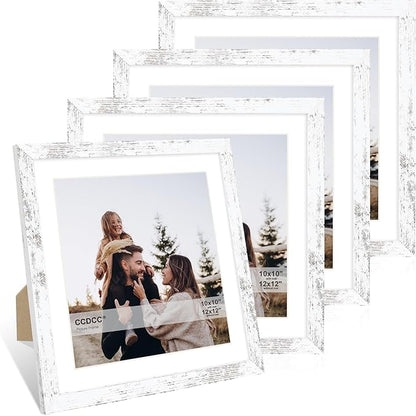 12x12 Picture Frame Set of 4, 12 x 12 Wood Photo Frames with Mat for 10x10 or 30x30cm Diamond Painting Art, Wooden Frame with Real Glass Cover for Wall and Tabletop Display,Distressed White