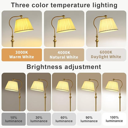 Gold Brass Floor Lamp with Fabric Shade,12W Smart Remote and Bluetooth Dimmable, Standing Lamps for Living Room Bedroom Farmhouse Office,Mid Century Rustic Vintage Antique Boho Tall Reading Light