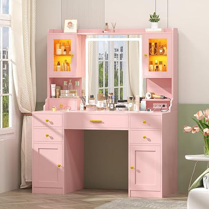 Vanity Desk with Mirror and Lights, Makeup Vanity Table with Power Outlet, Dressing Vanity Table Set with 6 Drawers & 4 Cabinets, 3 Color Modes & Brightness Adjusted, for Bedroom Room, Pink