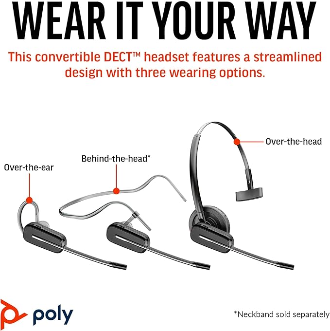 Poly CS540 Wireless DECT Headset – Single Ear Convertible – Connects to Desk