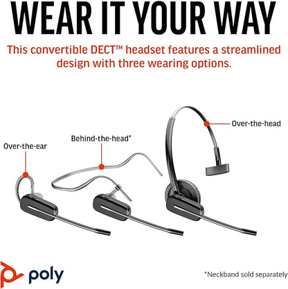 Poly CS540 Wireless DECT Headset – Single Ear Convertible – Connects to Desk