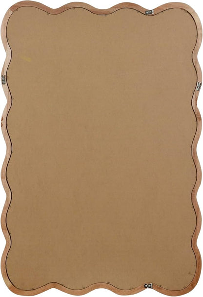 36x24 Inch Wooden Wavy Rectangle Wall Mirror, Modern Solid Wood Frame Decorative Accent Mirror for Bedroom, Bathroom, Living Room, Entryway, Natural Wood Color