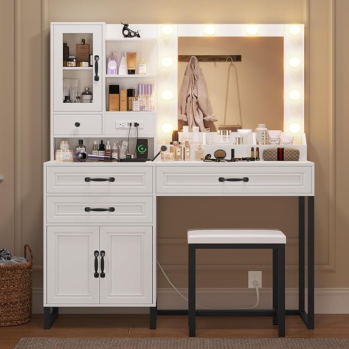 Makeup Vanity Desk with Mirror and Lights & Stool, Glass Top Vanity Table Set with Charging Station, 4 Stoarge Drawers & Double-Door Cabinet, Modern White & Black