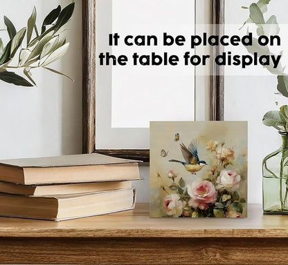 Vintage Floral Bird Decor Signs, Bird Gifts for Women Men Lover, Neutral Cottagecore Botanical Flower Wooden Box Sign for Home Bedroom Desk Table Shelf 5x5 Inch
