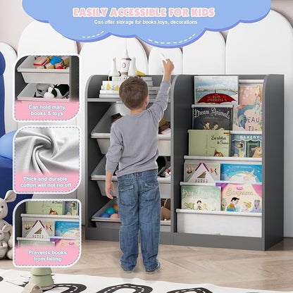 Grey Kids Wood Bookshelf Toy Storage Box Organizer Shelf W/4 Removable Plastic Toy Bins Children Bookcase Toddler Baby Sling Book Rack Cabinet Chest Girl Boy Gift Playroom Classroom Bedroom Nursery