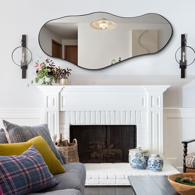 Irregular Wall Mirror, 47"x20.5" Asymmetrical Decorative Accent Mirror with Black Metal Frame, Organic Shape Mirrors for Entryway Bedroom Living Room, Horizontal or Vertical Hanging