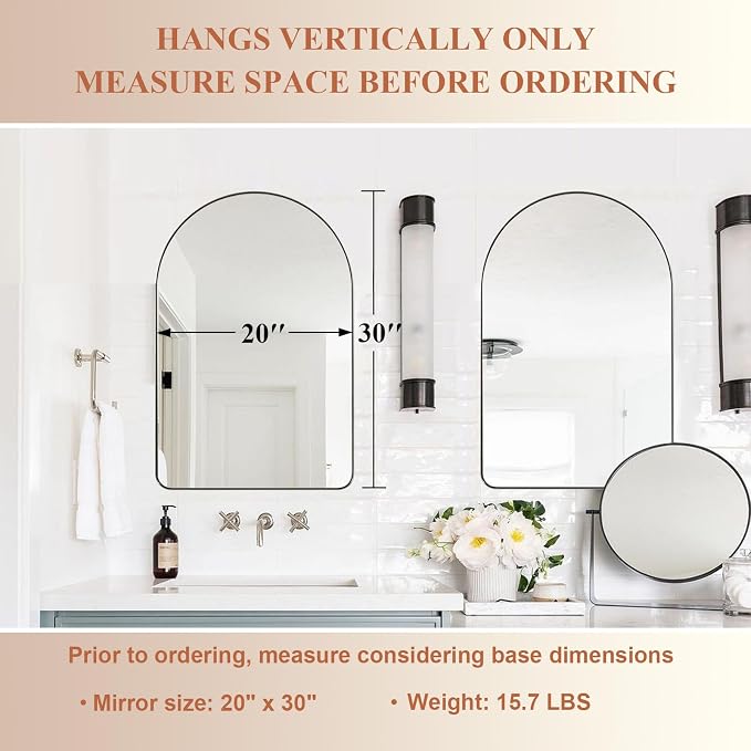 ANDY STAR Arched Mirror, 20" x 30" Brushed Nickle Bathroom Mirror in Stainless Steel Metal Frame, Arch Top Rounded Corner 1" Deep Set Design Wall Mount Hangs Vertical