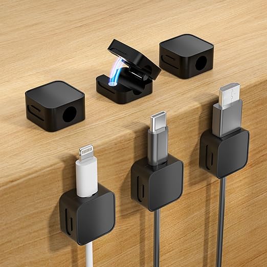 6 Black Magnetic Cable Clips, Under Desk Cable Management, Cord Holder