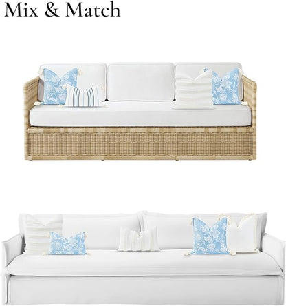 Hofdeco Premium Coastal Hampton Style Patio Indoor Outdoor Throw Pillow Cover Only, 18"x18" Water Resistant for Backyard, Couch, Baby Blue Floral Tassel