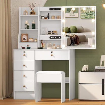 Vanity Desk with Sliding Mirror and Lights, Small Makeup Vanity Table Set with Chair and Drawers, White Vanity with Lighted Mirror for Bedroom, Dressing Table for Teen Girls and Women