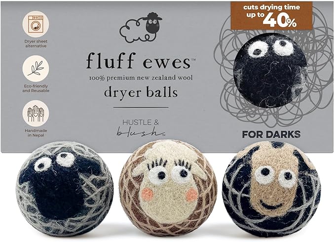 Fluff Ewes Wool Dryer Balls 3 Pack Premium New Zealand Wool Laundry Balls for Dryer, No Static Dryer Balls Laundry Reusable Cute - XL Wool Dryer Balls Cute, Baby Dryer Balls for Dryers - Darks