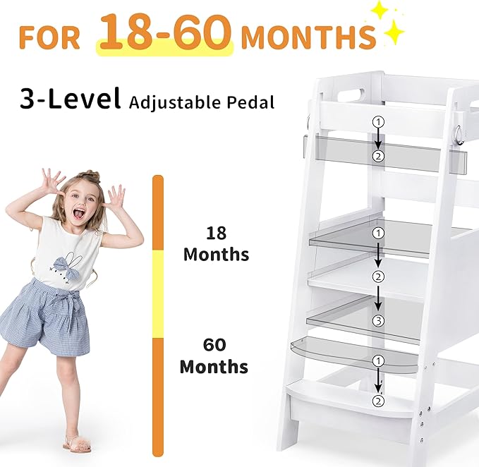 TOETOL Bamboo Toddler Kitchen Step Stool White Helper Standing Tower Height Adjustable with Anti-Slip Protection for Kids Kitchen Counter Learning