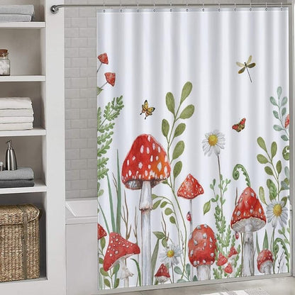 Mushroom Shower Curtain, Rustic Sage Green Botanical Vintage Mushroom Wildflower Forest Plants Herbs Farmhouse Country Waterproof Fabric Bathroom Shower Curtain Set with Hooks, 72"x84" Inch