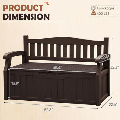 JUMMICO 80 Gallon Resin Outdoor Storage Bench, Large Deck Box with Armrest, Lockable & Waterproof for Garden, Home, Patio, Pools (Brown)