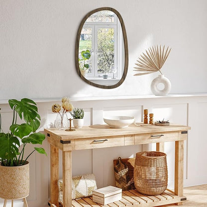 Brown Irregular Mirror for Wall Decor Modern Asymmetrical Wooden Framed Wall Mirror Unique Shape Vanity Artistic Oval Mirror Decorative for Bedroom Bathroom Living Room Entryway Hallway Large