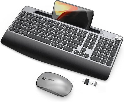 JOYACCESS Wireless Keyboard and Mouse, Ergonomic Wireless Keyboard with Wrist Rest and Phone Holder, Quiet Computer Mouse for Mac PC Laptop-Black Grey