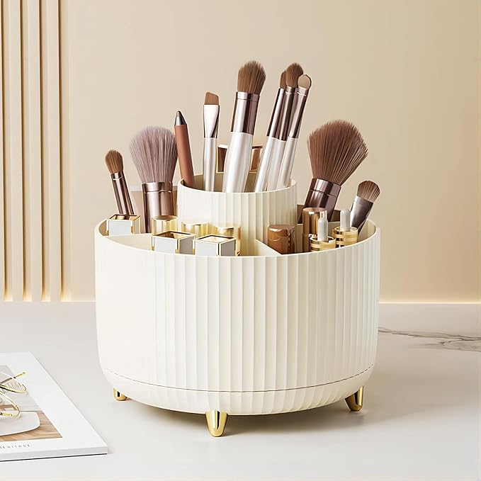 DASITON Large Capacity Makeup Brush Holder,360° Rotating Makeup Organizer,5 Slot Makeup Brushes Cup,for Vanity Decor,Bathroom Countertops,Desk Storage Container,Cosmetic Display cases(Cream)