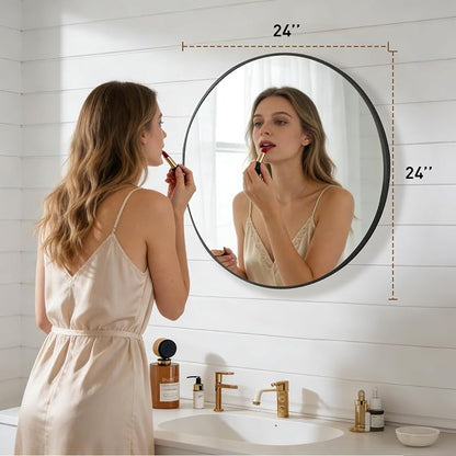 NEWBULIG Round Bathroom Mirror for Over Sink, 24 Inch Wall Mount Vanity Circle Mirror with Matte Metal Framed, Decor for Bathroom, Entryway, Bedroom, Black