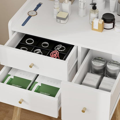 YOURLITE Small Vanity Desk with Mirror and Lights,Makeup Vanity Table with Chair and Drawers for Small Space, Compact Dressing Table with Sliding Door for Bedroom
