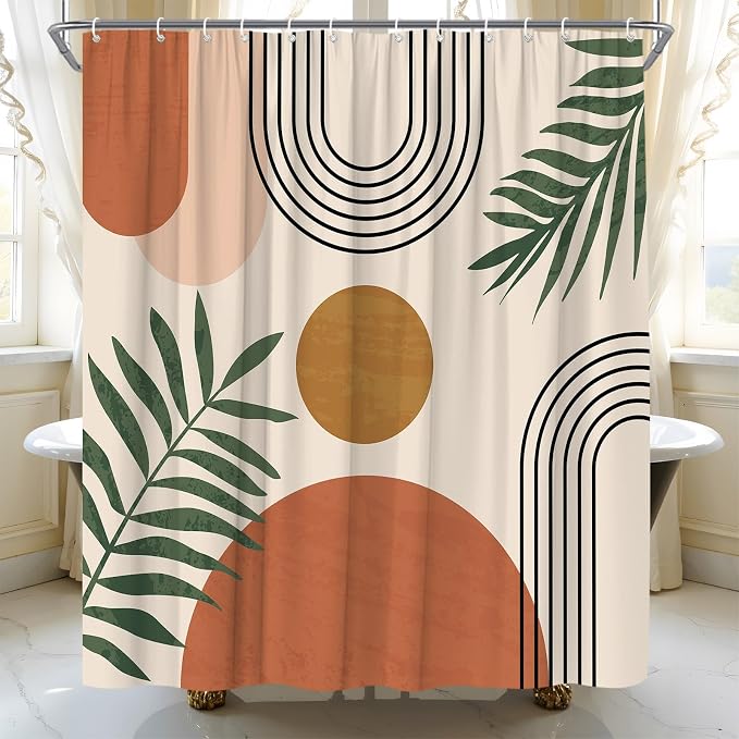 Mid Century Modern Shower Curtain Boho Beige Orange Abstract Retro Aesthetic Fabric for Bathroom Decor Bathtub with Hooks (70" WX84 H)