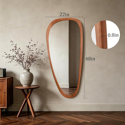 HOMECOOKIN 48" H x 22" W Asymmetrical Mirror, Irregular Wooden Wall Mirror for Bedroom, Living Room,Entryway– Boho Mid-Century Modern Decorative Mirror, Solid Wood Frame, Pebble Shaped Design (Walnut)