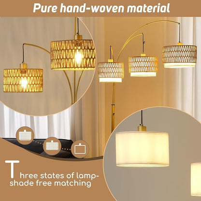 Arc Floor Lamp for Living Room, 80 Inch Gold Rattan Floor Lamp with Rotary Switch, 3 Lights Boho Tall Lamp with Wicker Shade for Coastal,Bohemian,Tree Farmhouse Standing Lamp
