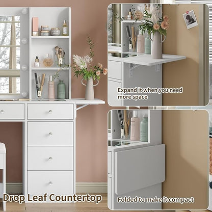 Vanity Desk with Power Outlet, 10 Drawers Makeup Vanity with Mirror and Lights, 3 Colors Adjustable, Fold-up Panel, Glass Top Vanity Set for Bedroom