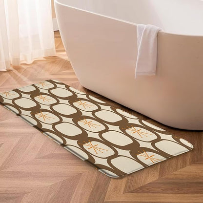 Mid Century Modern Bath Mat Abstract Atomic Geometric Retro 1950s Brown Bathroom Kitchen Toilet Rugs,24x48 Inch