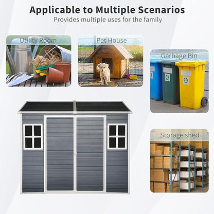 8x6 FT Outdoor Storage Resin Shed with Floor, Plastic Garden Bike Shed with Sloped Roof, Lockable Door & Windows, Easy to Assemble Tool Shed for Lawn, Backyard, Patio, Black