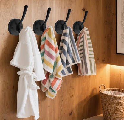 TOFIIGREM Matte Black Wall Hooks, 4 Pack Heavy Duty Coat Towel Hook Metal Double Backpack Hook Wall Mounted, Bath Towel Hooks for Entryway Cubicle Bathroom Closet Garage