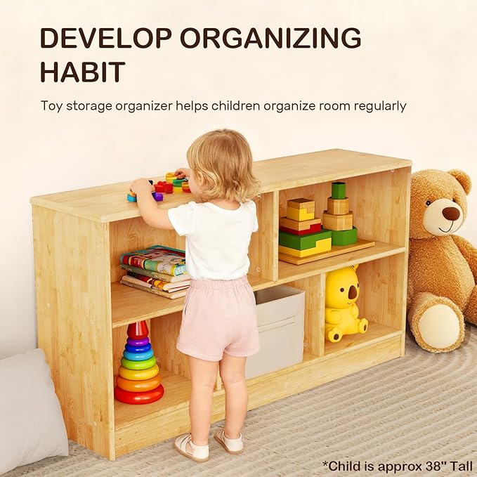 Wingyz Rubber Wood Montessori Bookshelf, 5-Section Wooden Storage Cabinet, 2 Shelf Bookcase Toy Storage Organizer, 43.3"L Montessori Shelf for Kids Rooms Classroom Playroom Nursery Daycare, Child-Safe