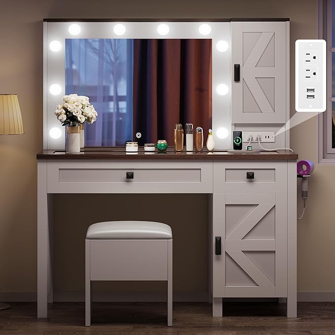 DWVO Farmhouse Vanity Desk with Light and Hollywood Makeup Mirror, Large Storage Space Vanity Set with 2 Drawers & 2 Cabinets, Dressing Table for Bedroom, Stool Included, White
