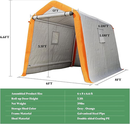 AMERLIFE 6x8x6.6 FT Heavy Duty Portable Shed Storage Shelter, Outdoor Storage Shed with 2 Waterproof Windows & Roll-Up Zipper Door, Carport for Motorcycle, Bike, Gray
