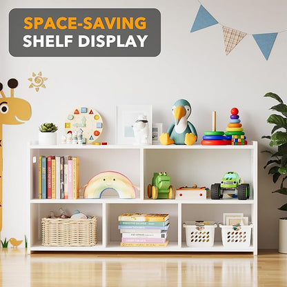 SpaceAid 5-Compartment Bookshelf, Montessori Bookcase for Toddlers, Wooden Book Shelf Organizer Storage Furniture for Kids Rooms, Playroom, Nursery and Classroom, 44.5“ Wide, White