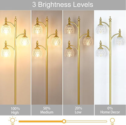 Gold Flower Floor Lamp, Dimmable Tree Floor Lamps for Living Room Brass Tall Standing Lamp with 3 Brightness Lights Glass Shades 66.5'' Modern Corner Lamp for Bedroom Office(3LED Bulbs Included)