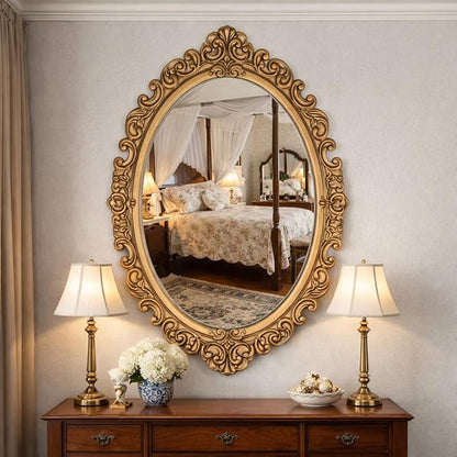 Vercraft 24" x 36" Vintage Gold Mirror for Wall, Antique Gold Oval Baroque Mirror with Imitation Resin Frame, Ornate Wall Decor for Entryway, Fireplace, Living Room, Hallway