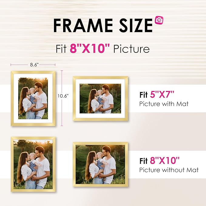 FIXSMITH 8x10 Picture Frame Set of 2, Gold Picture Frames Collage for Tabletop or Wall Display, Photo Frame with HD Plexiglass, Display Pictures 5x7 with Mat or 8x10 Without Mat