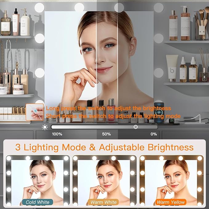 Quimoo Large Vanity Desk with LED Lighted Mirror & Power Outlet,Makeup Vanity Table with 7 Drawers,4 Shelves and 5 Hooks,Vanity Table, Vanity Desk Set for Bedroom,Bathroom,Grey