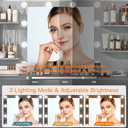 Quimoo Large Vanity Desk with LED Lighted Mirror & Power Outlet,Makeup Vanity Table with 7 Drawers,4 Shelves and 5 Hooks,Vanity Table, Vanity Desk Set for Bedroom,Bathroom,Grey
