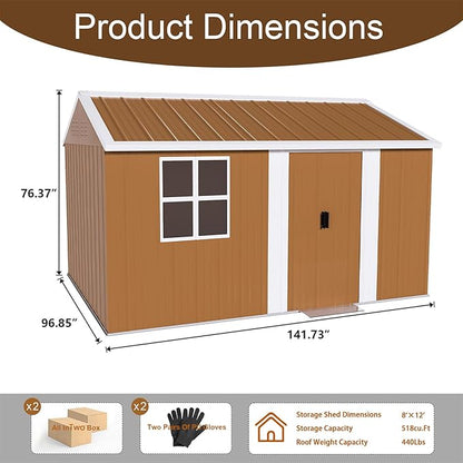 8x12 FT Outdoor Storage Shed, Metal Tool Storage with Updated Frame Structure, Vertical Outside Storage Building, Ventilation, Sloped Roof, Metal Garden Shed for Backyard, Lawn, Patio (8x12 FT)