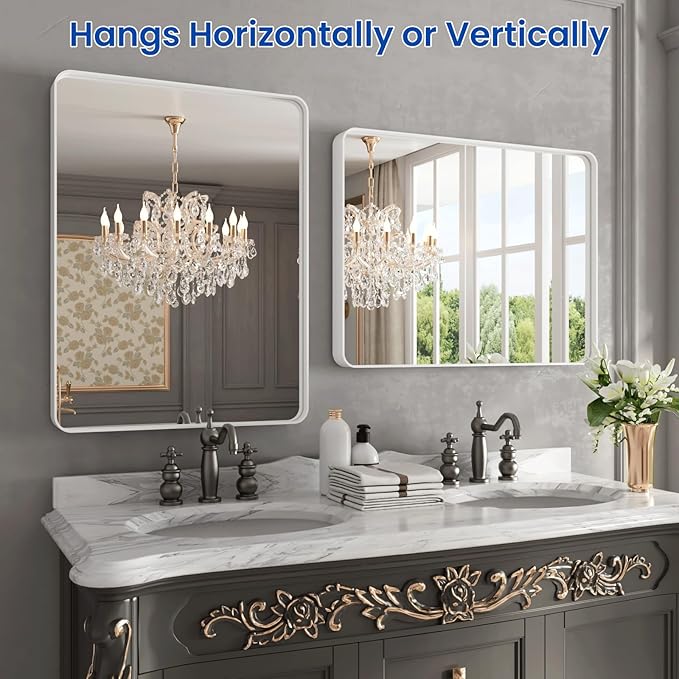 WEER White Bathroom Mirror 22X30 Inch, Rounded Rectangle White Metal Frame Mirror, Matte White Bathroom Vanity Mirror with Tempered Glass, Anti-Rust, Hangs Horizontally or Vertically