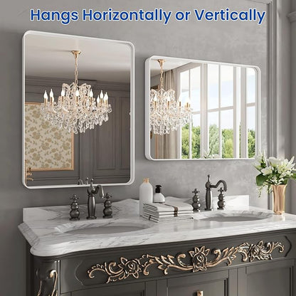 WEER White Bathroom Mirror 22X30 Inch, Rounded Rectangle White Metal Frame Mirror, Matte White Bathroom Vanity Mirror with Tempered Glass, Anti-Rust, Hangs Horizontally or Vertically