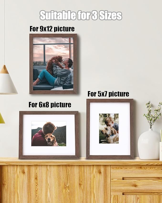Egofine 9x12 Picture Frame Made of Solid Wood with Plexiglass, Display Pictures 5x7/6x8 with Mat or 9x12 Without Mat for Tabletop and Wall Mounting, Rustic Brown
