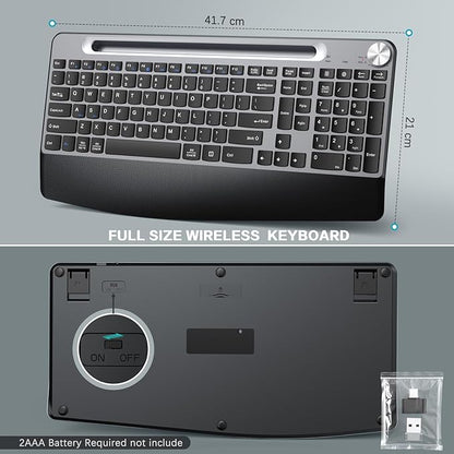 JOYACCESS Wireless Keyboard and Mouse, Ergonomic Wireless Keyboard with Wrist Rest and Phone Holder, Quiet Computer Mouse for Mac PC Laptop-Black Grey