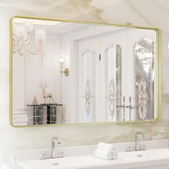 WEER Gold Bathroom Mirror, 50X30 Inch Brushed Gold Metal Frame Mirror, Rounded Rectangle Gold Bathroom Vanity Mirror for Wall, Tempered Glass, Anti-Rust, Hangs Horizontally or Vertically