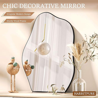 HARRITPURE Irregular Bathroom Mirror 22"x32" Black Modern Wall Mirror Wood Framed Asymmetrical Decorative Mirrors for Bedroom Living Room Entryway
