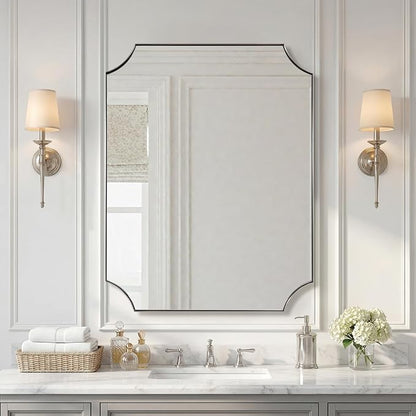 ANDY STAR Brushed Nickel Mirror 28"x36", Scalloped Bathroom Mirror, Modern Silver Framed Mirror in Anti-Rust Stainless Steel Metal Thin Frame Deep 1", Wall Mount Vertical or Horizontal