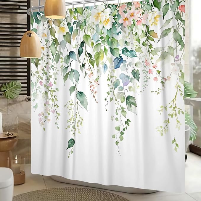 Sage Green Eucalyptus Shower Curtain Watercolor Botanical Floral Leaves Shower Curtain Set Spring Nature Bathroom Decor with 12 Hooks,72x108 Inches