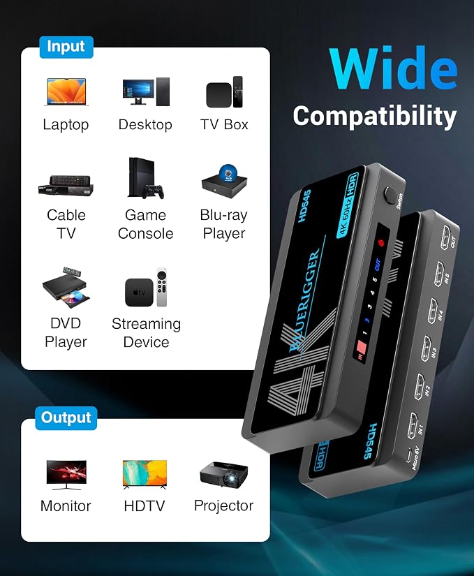 BlueRigger 4K HDMI Switch 5 in 1 Out – Compatible